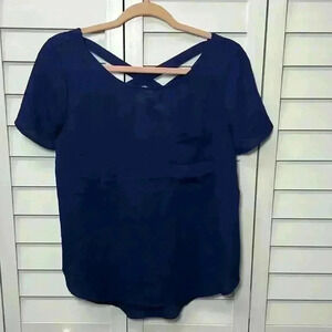 Francesca’s Lily White Short Sleeve Pocket Crisscross Back Size Small Navy NWT